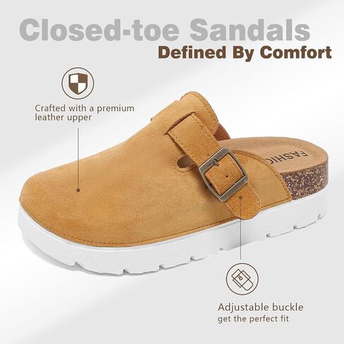 Suede Platform Clogs for Women, Memory Foam Mules Arch Support Cork Footbed, Platform Sandals with Adjustable Buckle Casual Potato Shoes Beige in Saudi Arabia