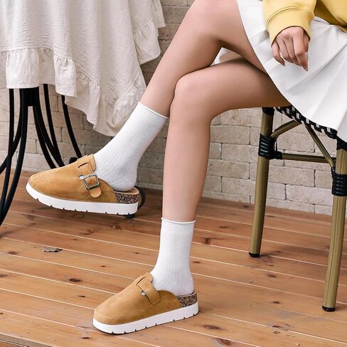 Suede Platform Clogs for Women, Memory Foam Mules Arch Support Cork Footbed, Platform Sandals with Adjustable Buckle Casual Potato Shoes Beige in Saudi Arabia