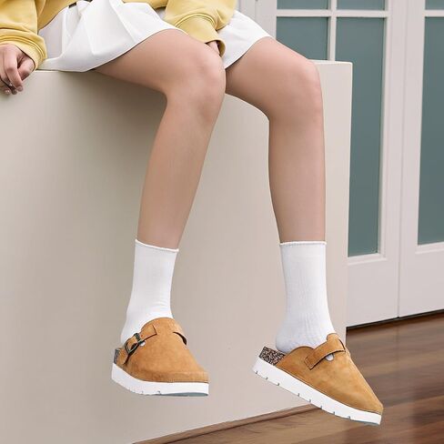 Suede Platform Clogs for Women, Memory Foam Mules Arch Support Cork Footbed, Platform Sandals with Adjustable Buckle Casual Potato Shoes Beige in Saudi Arabia