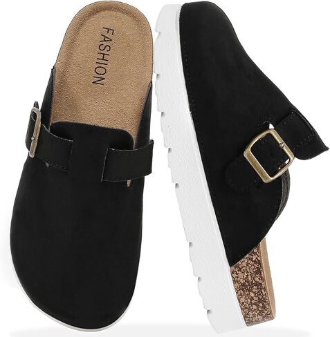 Suede Platform Clogs for Women, Memory Foam Mules Arch Support Cork Footbed, Platform Sandals with Adjustable Buckle Casual Potato Shoes Beige in Saudi Arabia