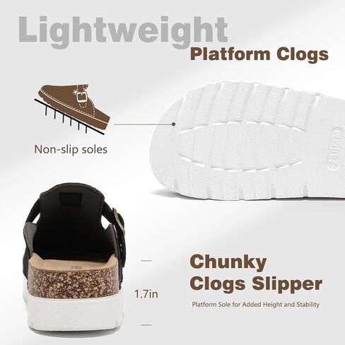Suede Platform Clogs for Women, Memory Foam Mules Arch Support Cork Footbed, Platform Sandals with Adjustable Buckle Casual Potato Shoes Beige in Saudi Arabia
