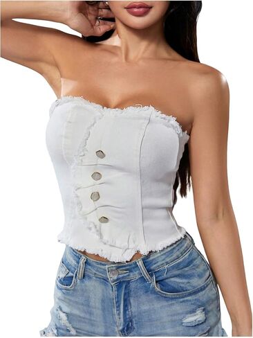 WDIRARA Women's Y2k Button Denim Tube Tops Strapless Asymmetrical Crop Top Sleeveless Zipper Back Bandeau in Saudi Arabia