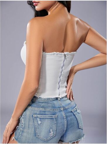 WDIRARA Women's Y2k Button Denim Tube Tops Strapless Asymmetrical Crop Top Sleeveless Zipper Back Bandeau in Saudi Arabia