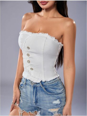 WDIRARA Women's Y2k Button Denim Tube Tops Strapless Asymmetrical Crop Top Sleeveless Zipper Back Bandeau in Saudi Arabia