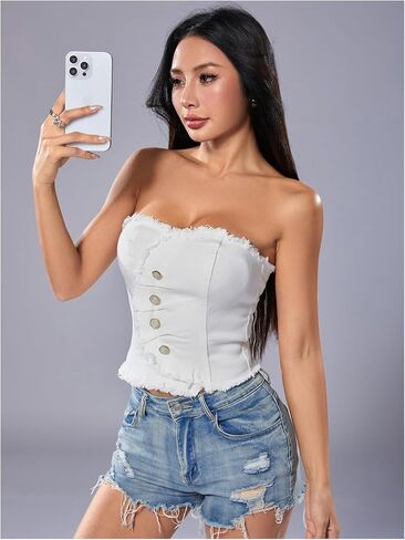 WDIRARA Women's Y2k Button Denim Tube Tops Strapless Asymmetrical Crop Top Sleeveless Zipper Back Bandeau in Saudi Arabia