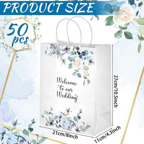 Kolldenn 50 PCS مرحبًا بكم في حقائب هدايا الزفاف الخاصة بنا لضيوف الفندق بالجملة ، والورود البيضاء الورق الأكياس الترحيب مع مقابض هدايا دش الزفاف. in Saudi Arabia