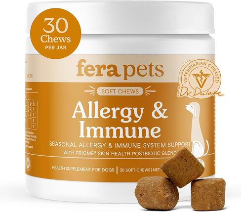 Fera Pet Organics Dog Allergy and Immune Support Complement 90 Chews Vet صُنعت مع الفطر ، اللبأ ، وما بعد التغلب على حكة الكلاب ودعم المناعة in Kuwait