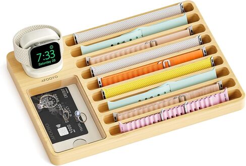 2 Tier Wood Watch Band Organizer - Charger Stand Compatible with All Apple Watch Series and Stackable Bands Display Watches Storage Case Tray(Walnut) in Kuwait