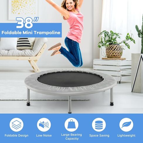 GYMAX Rebounder Trampoline for Adults, Mini Exercise Trampoline with Safety Pad, Foldable Rebounding Fitness Trampoline for Indoor/Outdoor, Small Workout Trampoline for Adults (Blue) in Saudi Arabia
