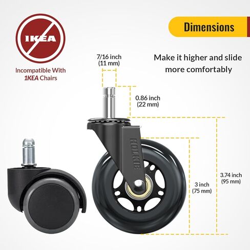 HOLKIE Office Chair Wheels Roller Blade Caster 11x22mm All Black 3 Inch Chair Wheels for Office Rubber Rolling Set of 5 for Carpet Hardwood Floors Gaming Smooth & Silence Gliding in Kuwait