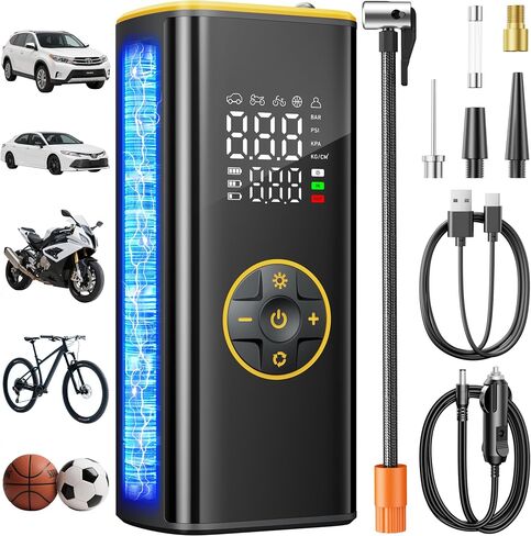 Tire Inflator Portable Air Compressor 5 in 1 Cordless Smart Pump with Tire Pressure Gauge 150PSI and LED Lights for Cars Bikes Motorcycle Balls Custom Mode Inflatables Red Black in Saudi Arabia