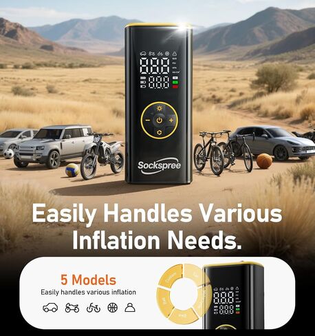 Tire Inflator Portable Air Compressor 5 in 1 Cordless Smart Pump with Tire Pressure Gauge 150PSI and LED Lights for Cars Bikes Motorcycle Balls Custom Mode Inflatables Red Black in Saudi Arabia