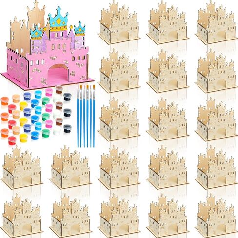 Doublefill 12 مجموعة DIY Wooden Castle Crafts for Kids Princess Party Party Favors مع فرش الطلاء و 12 لونًا قلعة من الورق المقوى الأكريليك للأطفال in Saudi Arabia