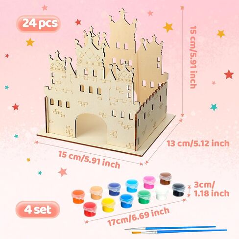Doublefill 12 مجموعة DIY Wooden Castle Crafts for Kids Princess Party Party Favors مع فرش الطلاء و 12 لونًا قلعة من الورق المقوى الأكريليك للأطفال in Saudi Arabia