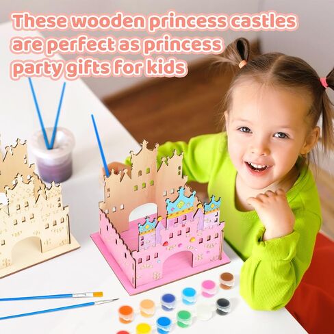 Doublefill 12 مجموعة DIY Wooden Castle Crafts for Kids Princess Party Party Favors مع فرش الطلاء و 12 لونًا قلعة من الورق المقوى الأكريليك للأطفال in Saudi Arabia