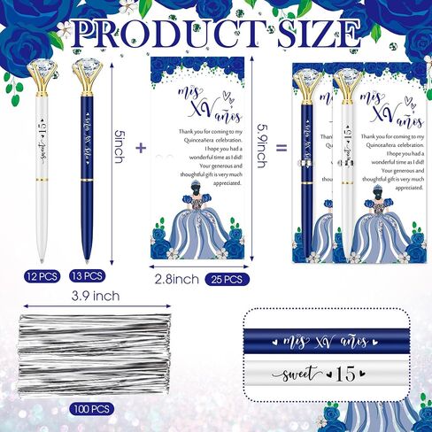 50 Set Quinceanera Party Favors for Guest Sweet 15 Diamond Pens Bulk Mis XV Años Fancy Ballpoint Pen with Thank You Cards and Ties 15th Birthday Thank You Gifts(White, Royal Blue) in Saudi Arabia