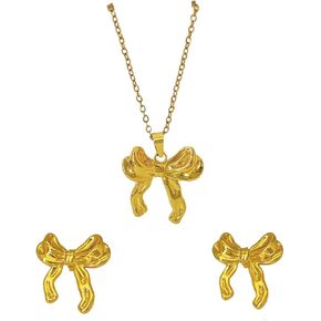 Bow Necklace Earrings Set Bow Jewelry Set for Women Gold Silver Bow Earrings Bow Pendant Necklace Ribbon Stud Earrings Bowknot Chain Necklace Trendy Bow Jewelry Accessories in Kuwait