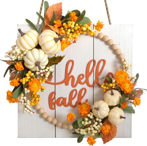 idyllic Fall Harvest Pumpkin Wreath for Front Door 12'' Wood Wreath, Farmhouse Pumpkin Hi Fall Sign with Plaid Bow Dried Natural Eucalyptus Leaf Flower, Orange in Saudi Arabia