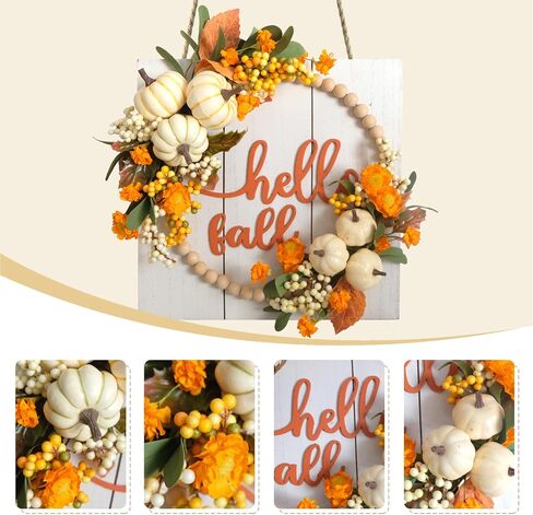 idyllic Fall Harvest Pumpkin Wreath for Front Door 12'' Wood Wreath, Farmhouse Pumpkin Hi Fall Sign with Plaid Bow Dried Natural Eucalyptus Leaf Flower, Orange in Saudi Arabia