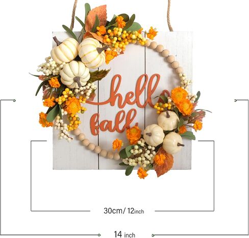 idyllic Fall Harvest Pumpkin Wreath for Front Door 12'' Wood Wreath, Farmhouse Pumpkin Hi Fall Sign with Plaid Bow Dried Natural Eucalyptus Leaf Flower, Orange in Saudi Arabia