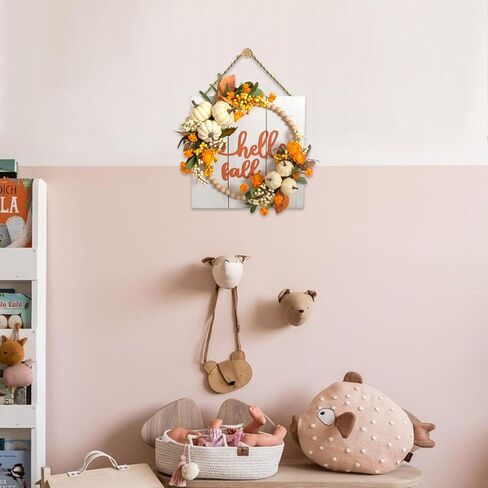 idyllic Fall Harvest Pumpkin Wreath for Front Door 12'' Wood Wreath, Farmhouse Pumpkin Hi Fall Sign with Plaid Bow Dried Natural Eucalyptus Leaf Flower, Orange in Saudi Arabia