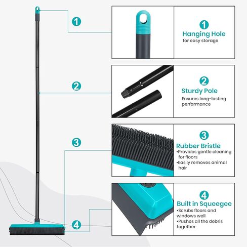 Mavriz Rubber Broom Carpet Rake لإزالة شعر الحيوانات الأليفة ، مكنسة شعر الحيوانات الأليفة للأرضية الصلبة ، مزيل الفرو مع Squeegee in Kuwait