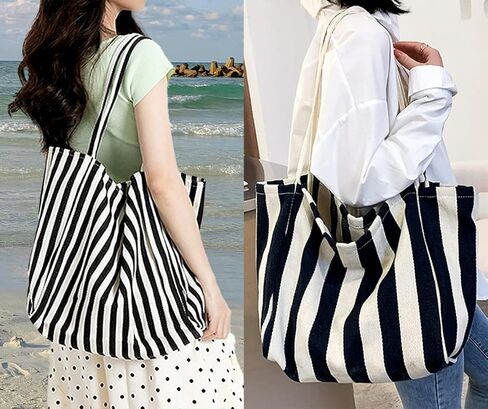 Striped Canvas Tote Handbag for Women Vertical Stripe Large Capacity Shoulder Bag for Shopping Travel in Kuwait