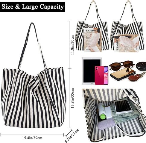 Striped Canvas Tote Handbag for Women Vertical Stripe Large Capacity Shoulder Bag for Shopping Travel in Kuwait