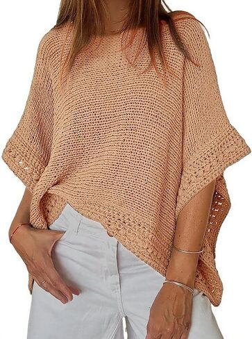 CHICME Women's Knit Tops 2025 3/4 Batwing Sleeve Tops for Women Hollow-Out Pattern Edges Crochet Top Casual Pullover Sweaters in Kuwait