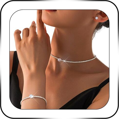 Rhinestone Jewelry Set Choker Necklace Earrings Set Glitter Tassel Dangle Earrings Silver Wedding Bridal Prom Jewelry Accessories for Bride Women in Saudi Arabia