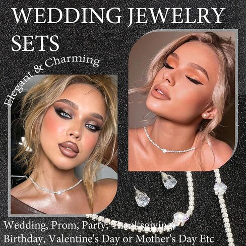 Rhinestone Jewelry Set Choker Necklace Earrings Set Glitter Tassel Dangle Earrings Silver Wedding Bridal Prom Jewelry Accessories for Bride Women in Saudi Arabia
