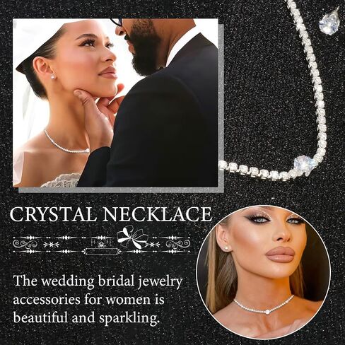 Rhinestone Jewelry Set Choker Necklace Earrings Set Glitter Tassel Dangle Earrings Silver Wedding Bridal Prom Jewelry Accessories for Bride Women in Saudi Arabia