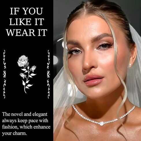 Rhinestone Jewelry Set Choker Necklace Earrings Set Glitter Tassel Dangle Earrings Silver Wedding Bridal Prom Jewelry Accessories for Bride Women in Saudi Arabia