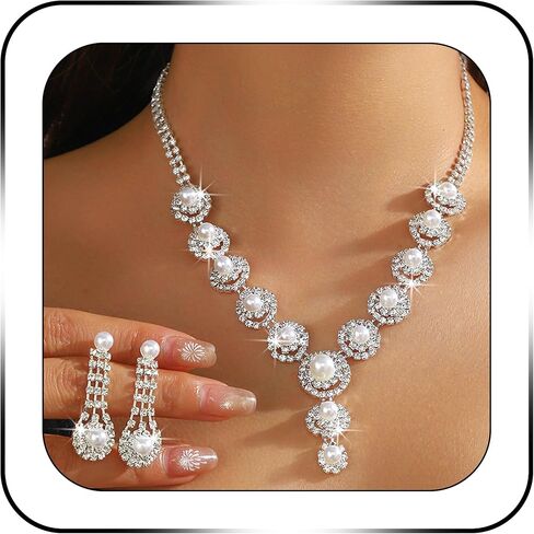 Rhinestone Jewelry Set Choker Necklace Earrings Set Glitter Tassel Dangle Earrings Silver Wedding Bridal Prom Jewelry Accessories for Bride Women in Saudi Arabia