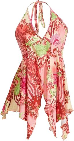 Women's Y2K Paisley Floral Halter Tops Sleeveless Low Cut Ruffle Hem Flowy Tank Top in Saudi Arabia