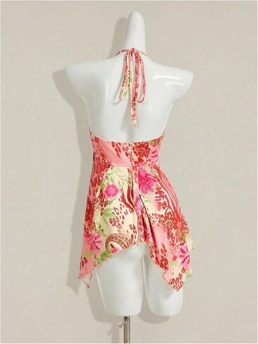 Women's Y2K Paisley Floral Halter Tops Sleeveless Low Cut Ruffle Hem Flowy Tank Top in Saudi Arabia