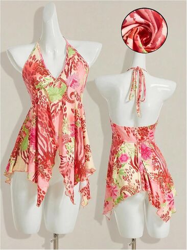 Women's Y2K Paisley Floral Halter Tops Sleeveless Low Cut Ruffle Hem Flowy Tank Top in Saudi Arabia