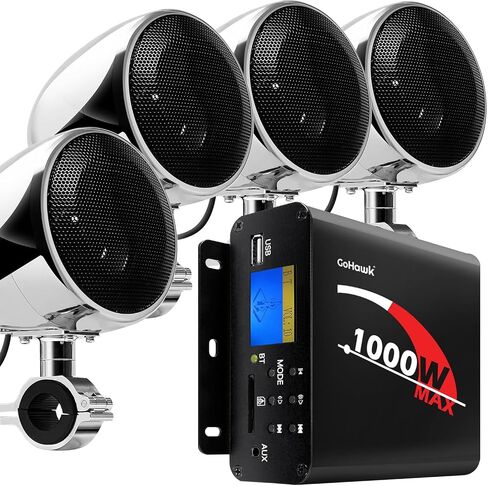 GoHawk TN4-Q 1000W 4 Channel Amplifier 4" Full-Range Waterproof Bluetooth Motorcycle Stereo Speakers Audio System AUX USB SD Radio for 1-1.5" Handlebar Harley Touring Cruiser ATV in Kuwait