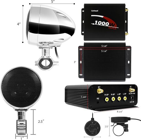 GoHawk TN4-Q 1000W 4 Channel Amplifier 4" Full-Range Waterproof Bluetooth Motorcycle Stereo Speakers Audio System AUX USB SD Radio for 1-1.5" Handlebar Harley Touring Cruiser ATV in Kuwait