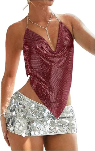 Shenhe Women's Sexy Sparkly Halter Top Sequin Rhinestone Open Back Cowl Neck Chain Clubwear Rave Tops in Kuwait
