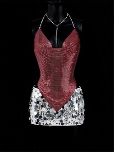 Shenhe Women's Sexy Sparkly Halter Top Sequin Rhinestone Open Back Cowl Neck Chain Clubwear Rave Tops in Kuwait