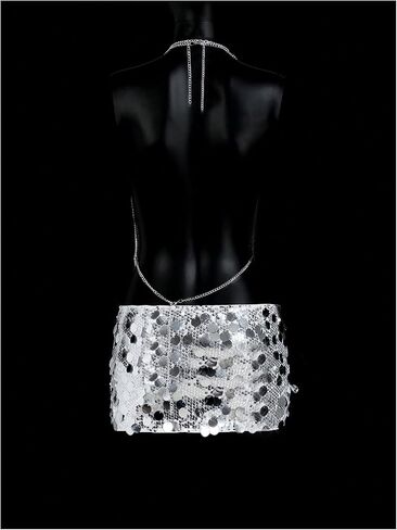Shenhe Women's Sexy Sparkly Halter Top Sequin Rhinestone Open Back Cowl Neck Chain Clubwear Rave Tops in Kuwait
