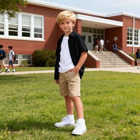 Funnycokid Boys Button Down Shirts Short Sleeve Dress Shirt Solid Formal Uniform 2-10 Years in Kuwait