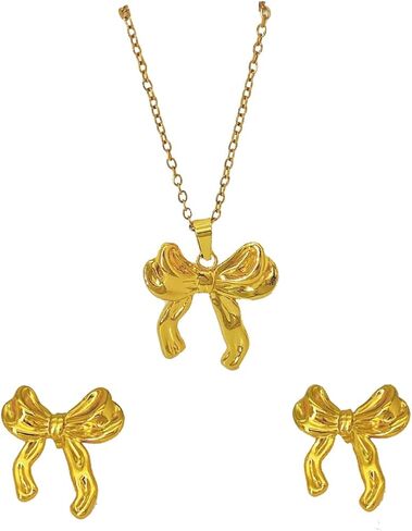 Bow Necklace Earrings Set Bow Jewelry Set for Women Gold Silver Bow Earrings Bow Pendant Necklace Ribbon Stud Earrings Bowknot Chain Necklace Trendy Bow Jewelry Accessories in Kuwait