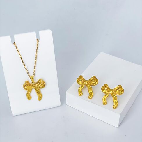 Bow Necklace Earrings Set Bow Jewelry Set for Women Gold Silver Bow Earrings Bow Pendant Necklace Ribbon Stud Earrings Bowknot Chain Necklace Trendy Bow Jewelry Accessories in Kuwait
