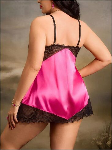 Wdirara Women's Plus Linger Lingerie مجموعة ساتان Chemise Lightgown مع Thong 2 قطعة ليلية in Kuwait