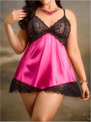 Wdirara Women's Plus Linger Lingerie مجموعة ساتان Chemise Lightgown مع Thong 2 قطعة ليلية in Kuwait