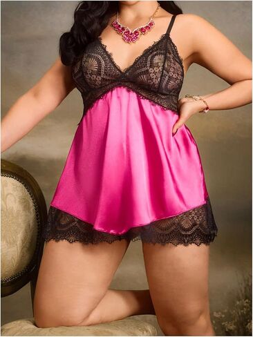 Wdirara Women's Plus Linger Lingerie مجموعة ساتان Chemise Lightgown مع Thong 2 قطعة ليلية in Kuwait