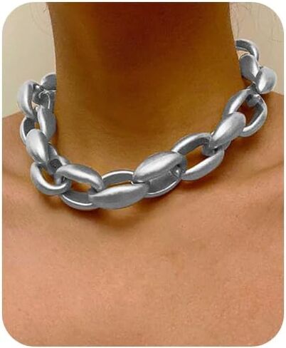 Chunky Cuban Chain Choker Necklaces Silver Punk Hip Hop Necklaces Exaggerated Heavy Link Chain Necklace Statement Collarbone Necklace for Party Costume Accessory Jewelry for Women in Saudi Arabia