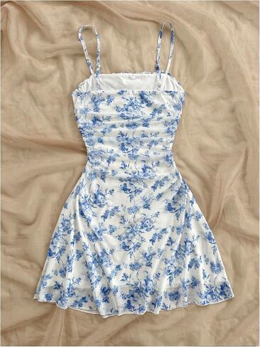 Verdusa Women's Plus Size Floral Ruched Mini Dress Backless Spaghetti Strap Dresses in Saudi Arabia